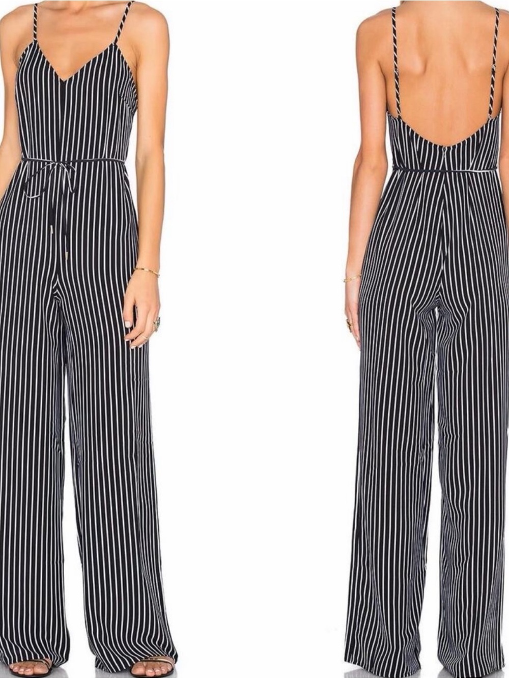 House of Harlow x Revolve Gia Black White Pinstripe Wide Leg Jumpsuit Size XS